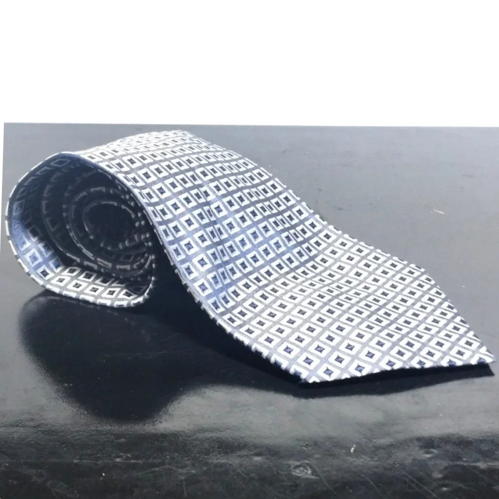 Roberto Villini Collezione Blue Silver Geometric Square Silk Hand Made Necktie